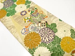 アンティーク　色紙に宝船・菊模様織り出し丸帯（材料）